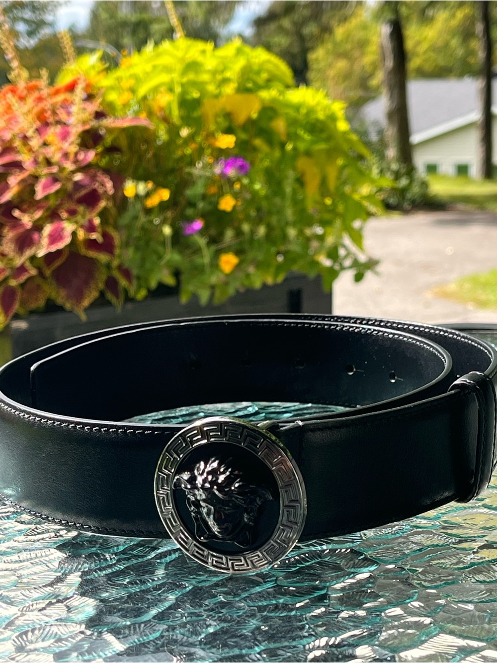 Versace Medusa Black and Silver Unisex Italian Leather Belt (GUC)